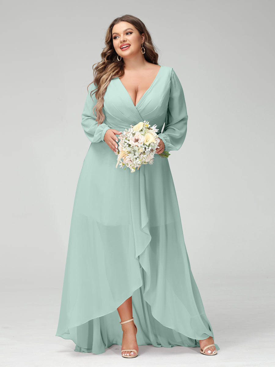 A-Line/Princess V-Neck Long Sleeves Chiffon Ruched Asymmetrical Plus Size Bridesmaid Dresses with Pockets