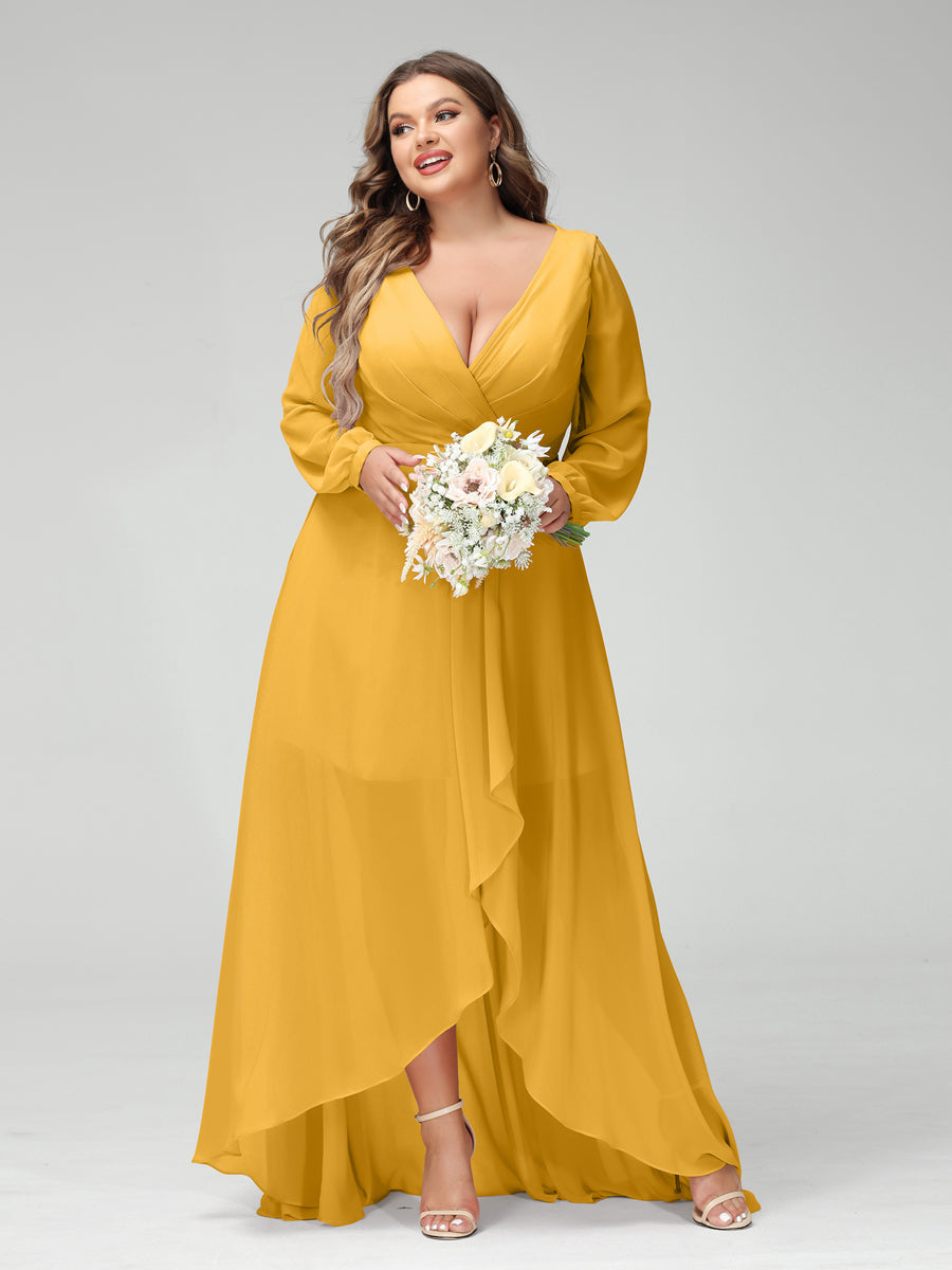 A-Line/Princess V-Neck Long Sleeves Chiffon Ruched Asymmetrical Plus Size Bridesmaid Dresses with Pockets