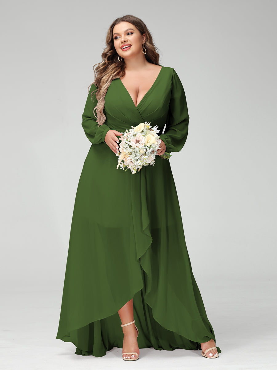 A-Line/Princess V-Neck Long Sleeves Chiffon Ruched Asymmetrical Plus Size Bridesmaid Dresses with Pockets