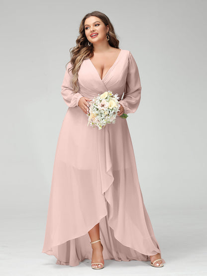 A-Line/Princess V-Neck Long Sleeves Chiffon Ruched Asymmetrical Plus Size Bridesmaid Dresses with Pockets