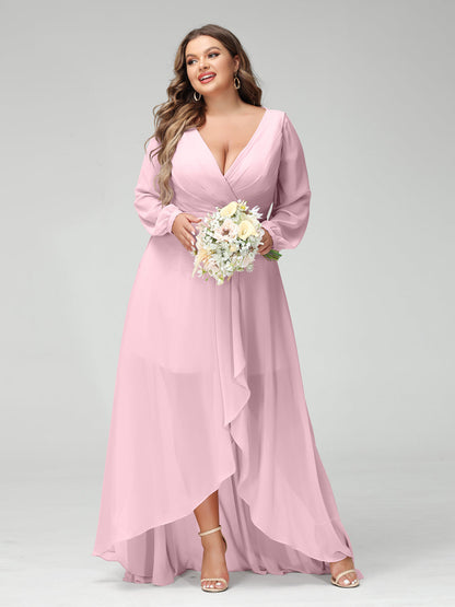 A-Line/Princess V-Neck Long Sleeves Chiffon Ruched Asymmetrical Plus Size Bridesmaid Dresses with Pockets