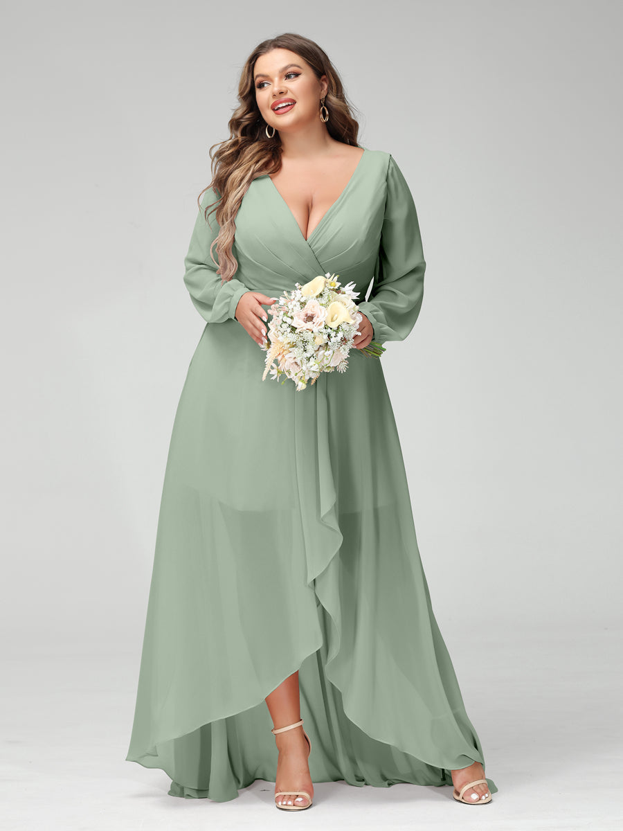 A-Line/Princess V-Neck Long Sleeves Chiffon Ruched Asymmetrical Plus Size Bridesmaid Dresses with Pockets