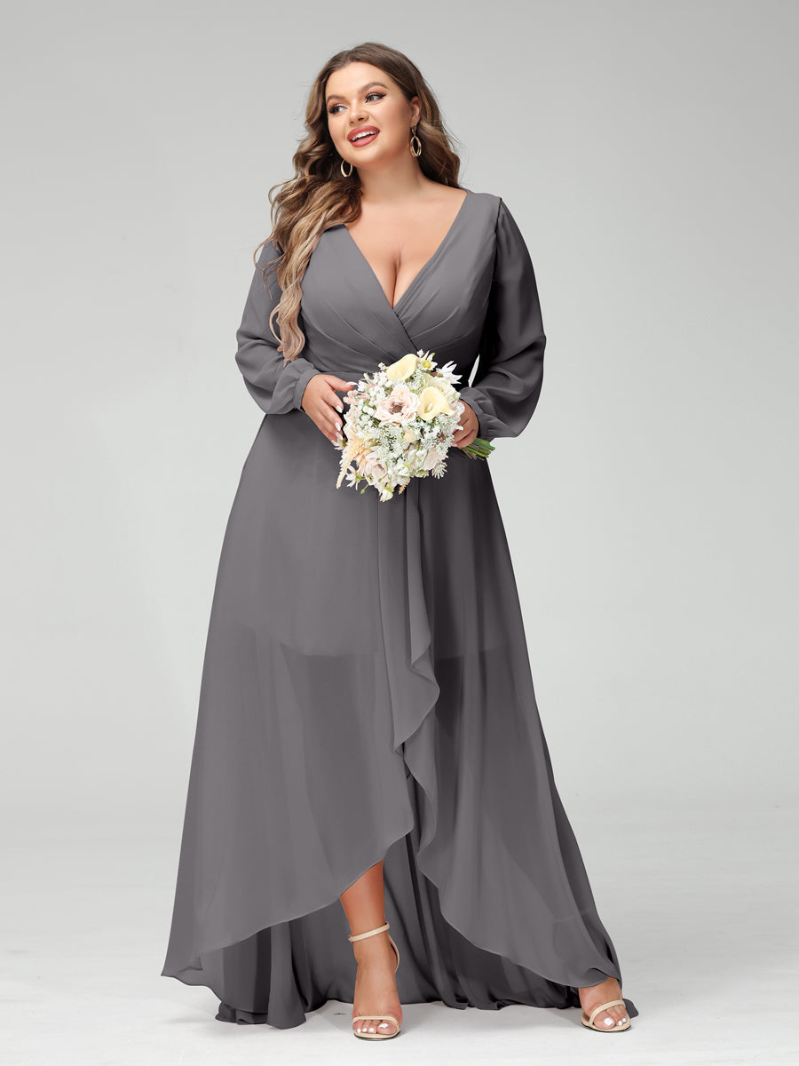 A-Line/Princess V-Neck Long Sleeves Chiffon Ruched Asymmetrical Plus Size Bridesmaid Dresses with Pockets