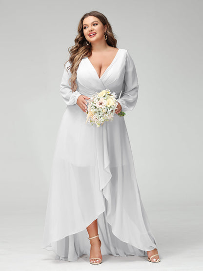 A-Line/Princess V-Neck Long Sleeves Chiffon Ruched Asymmetrical Plus Size Bridesmaid Dresses with Pockets