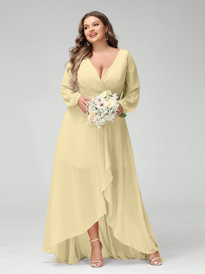 A-Line/Princess V-Neck Long Sleeves Chiffon Ruched Asymmetrical Plus Size Bridesmaid Dresses with Pockets