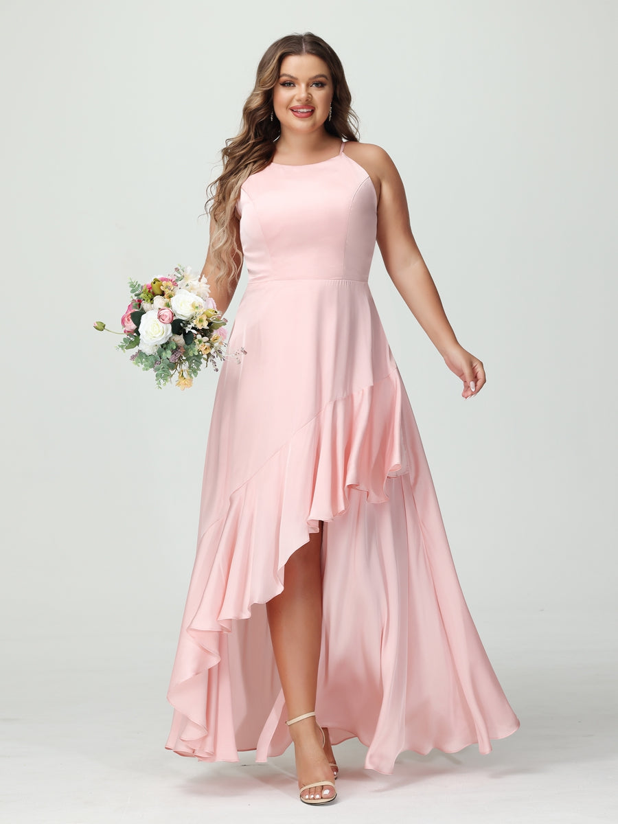 A-Line/Princess Spaghetti Straps Sleeveless Ruffles Asymmetrical Plus Size Bridesmaid Dresses