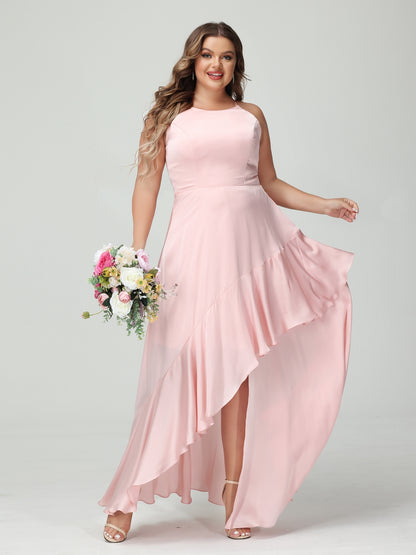 A-Line/Princess Spaghetti Straps Sleeveless Ruffles Asymmetrical Plus Size Bridesmaid Dresses