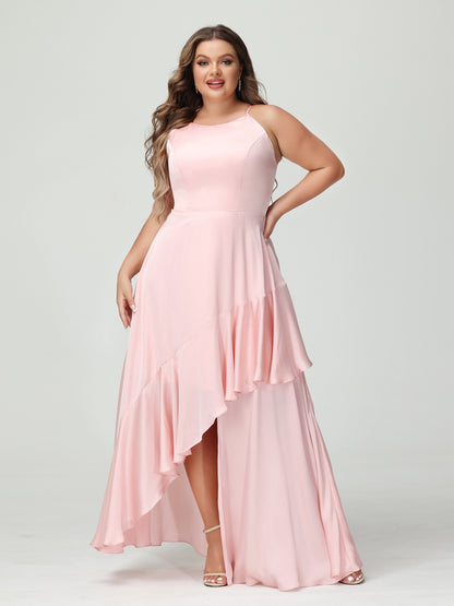 A-Line/Princess Spaghetti Straps Sleeveless Ruffles Asymmetrical Plus Size Bridesmaid Dresses