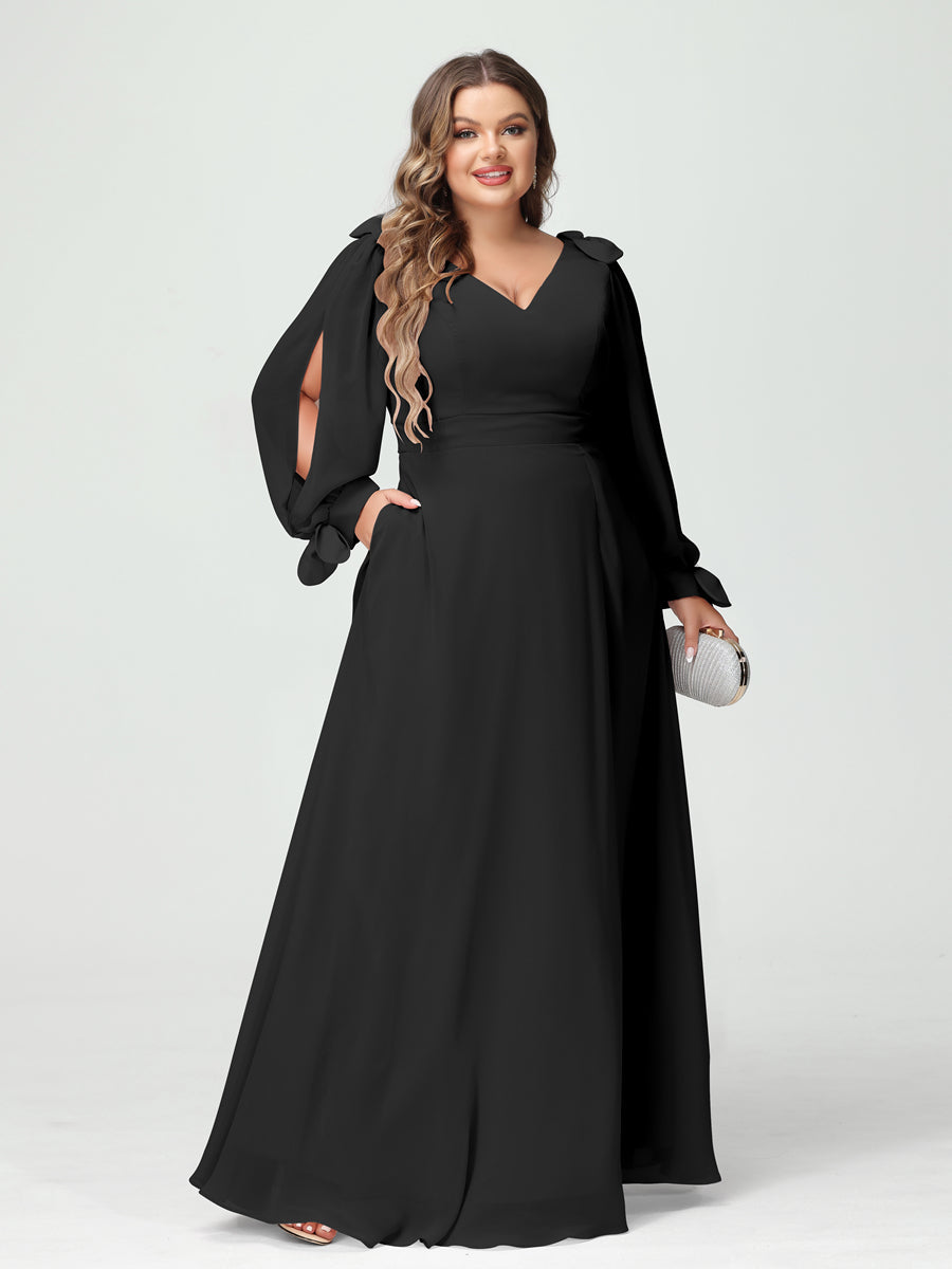 A-Line/Princess V-Neck Long Sleeves Chiffon Split Side Plus Size Bridesmaid Dresses with Pockets