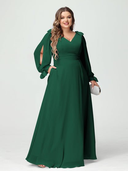 A-Line/Princess V-Neck Long Sleeves Chiffon Split Side Plus Size Bridesmaid Dresses with Pockets