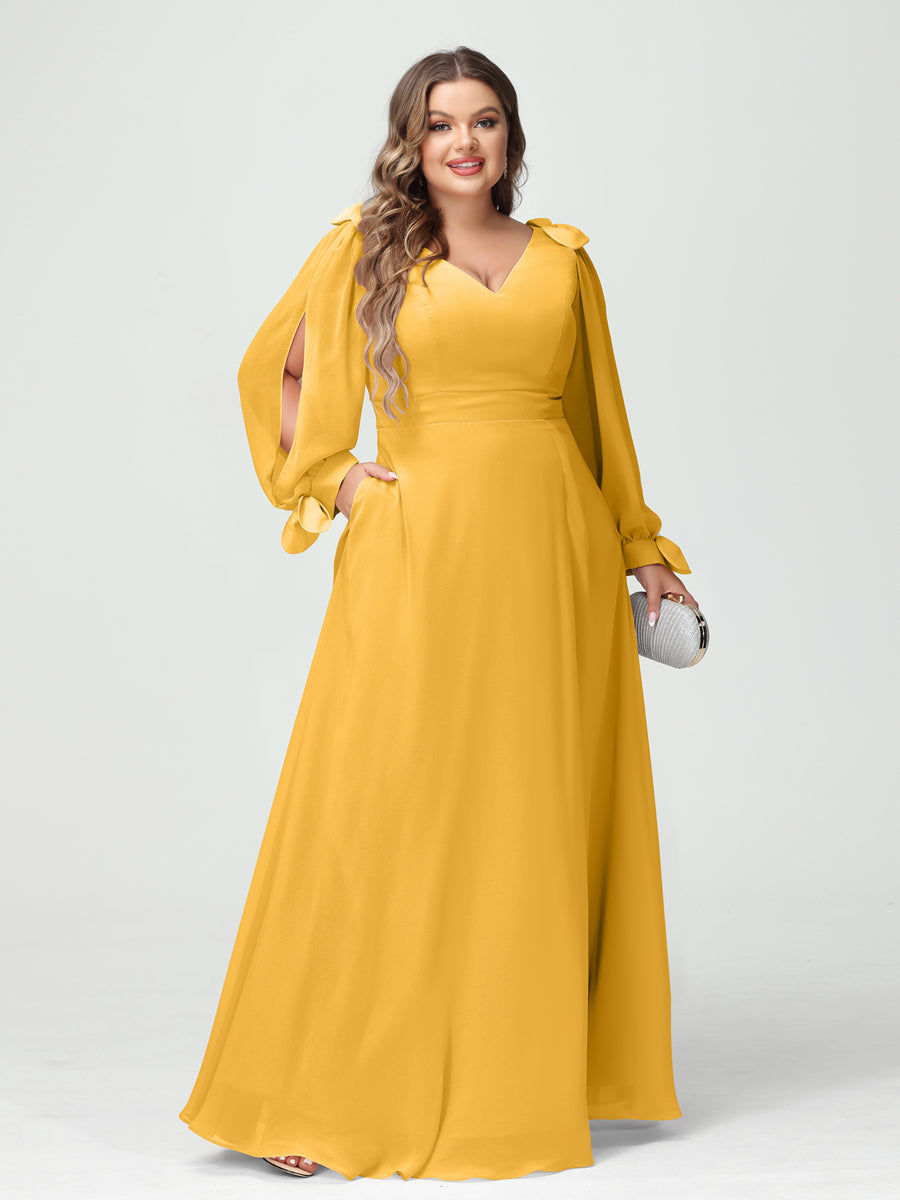 A-Line/Princess V-Neck Long Sleeves Chiffon Split Side Plus Size Bridesmaid Dresses with Pockets