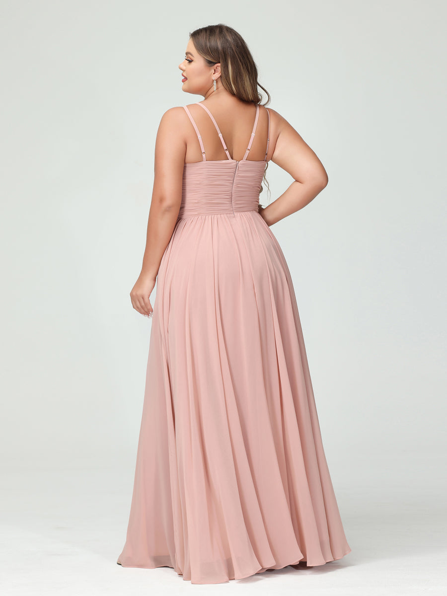 A-Line/Princess Spaghetti Straps Sleeveless Chiffon Ruched Plus Size Bridesmaid Dresses with Pockets