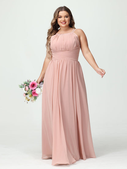 A-Line/Princess Spaghetti Straps Sleeveless Chiffon Ruched Plus Size Bridesmaid Dresses with Pockets