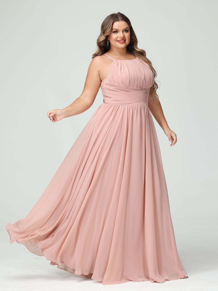 A-Line/Princess Spaghetti Straps Sleeveless Chiffon Ruched Plus Size Bridesmaid Dresses with Pockets