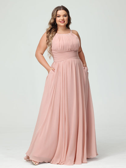 A-Line/Princess Spaghetti Straps Sleeveless Chiffon Ruched Plus Size Bridesmaid Dresses with Pockets