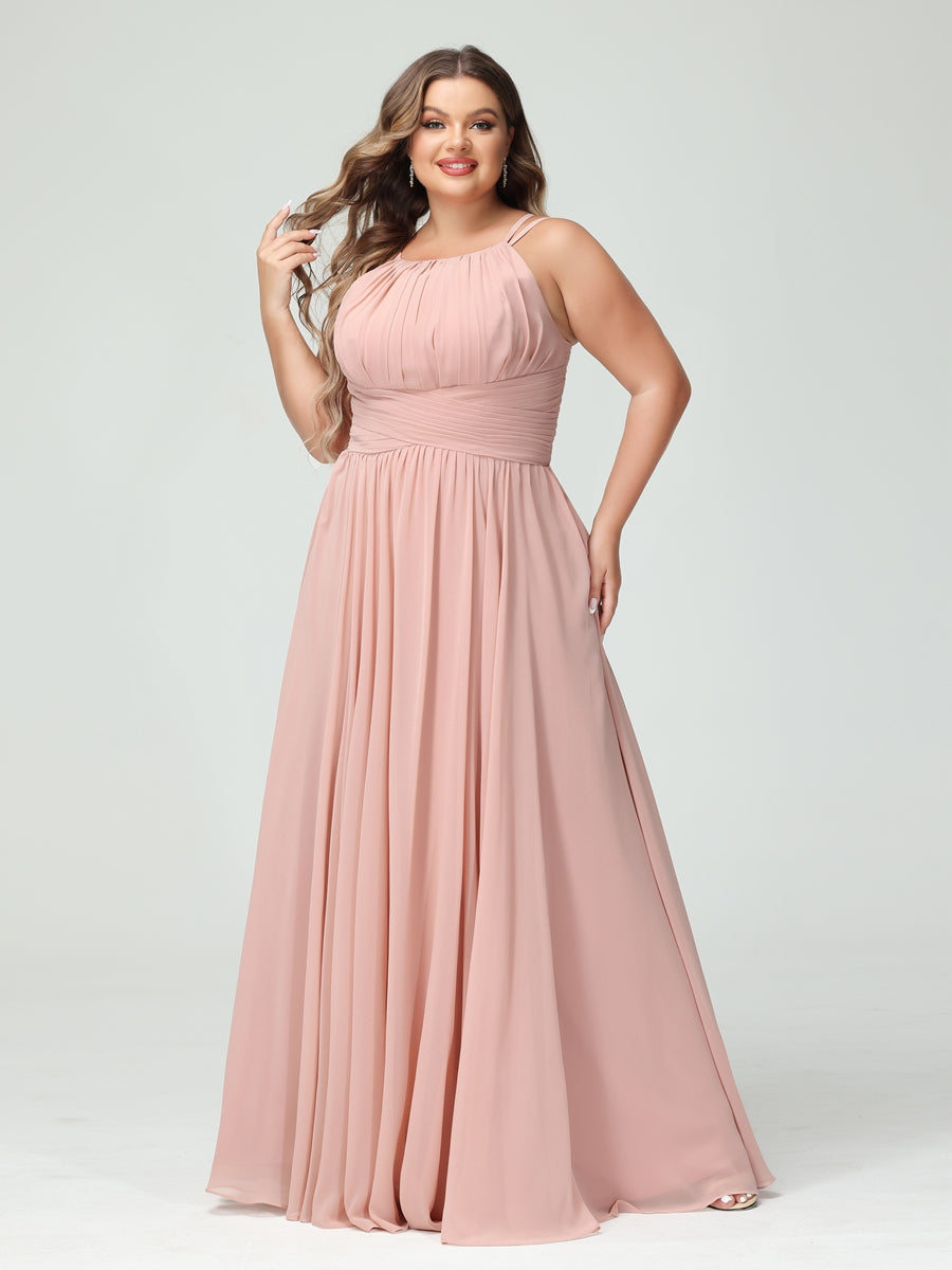 A-Line/Princess Spaghetti Straps Sleeveless Chiffon Ruched Plus Size Bridesmaid Dresses with Pockets