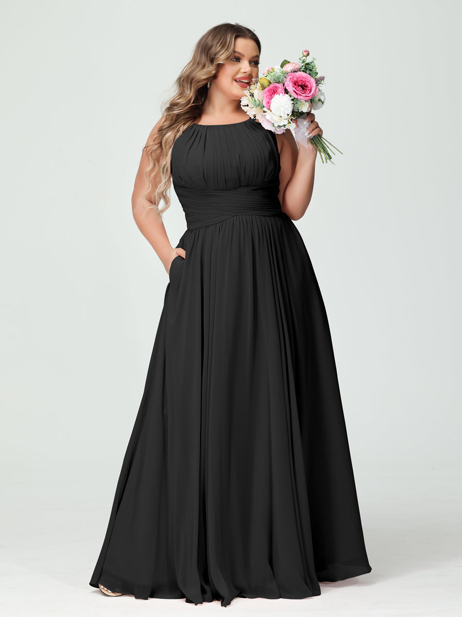 A-Line/Princess Spaghetti Straps Sleeveless Chiffon Ruched Plus Size Bridesmaid Dresses with Pockets