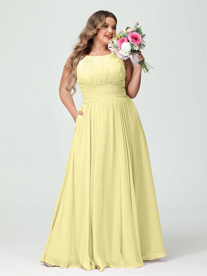 A-Line/Princess Spaghetti Straps Sleeveless Chiffon Ruched Plus Size Bridesmaid Dresses with Pockets