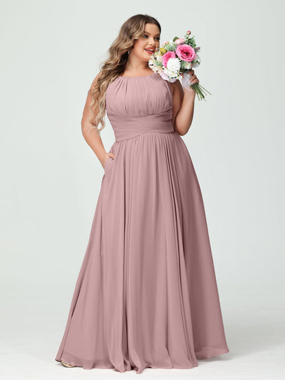 A-Line/Princess Spaghetti Straps Sleeveless Chiffon Ruched Plus Size Bridesmaid Dresses with Pockets