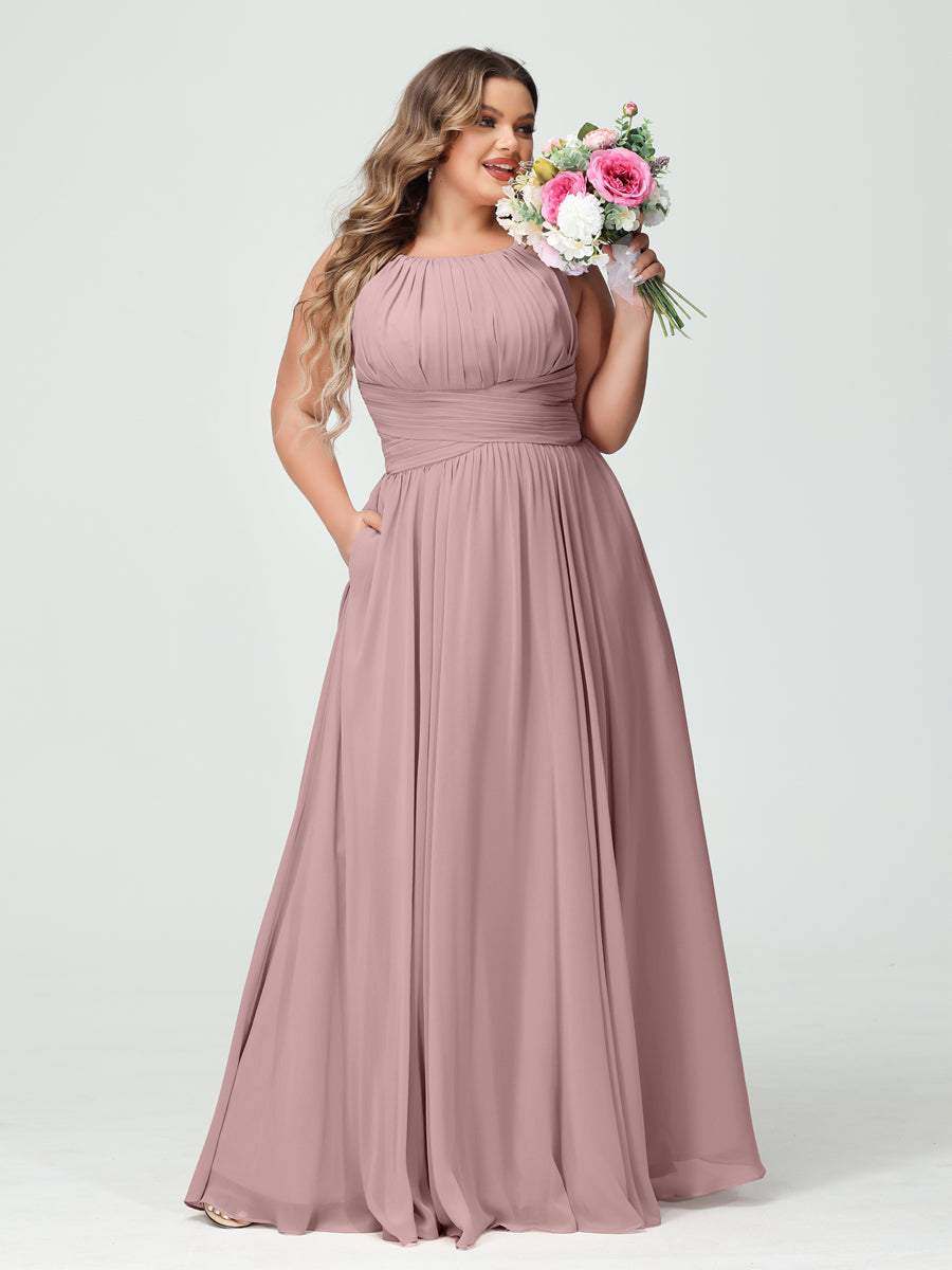 A-Line/Princess Spaghetti Straps Sleeveless Chiffon Ruched Plus Size Bridesmaid Dresses with Pockets