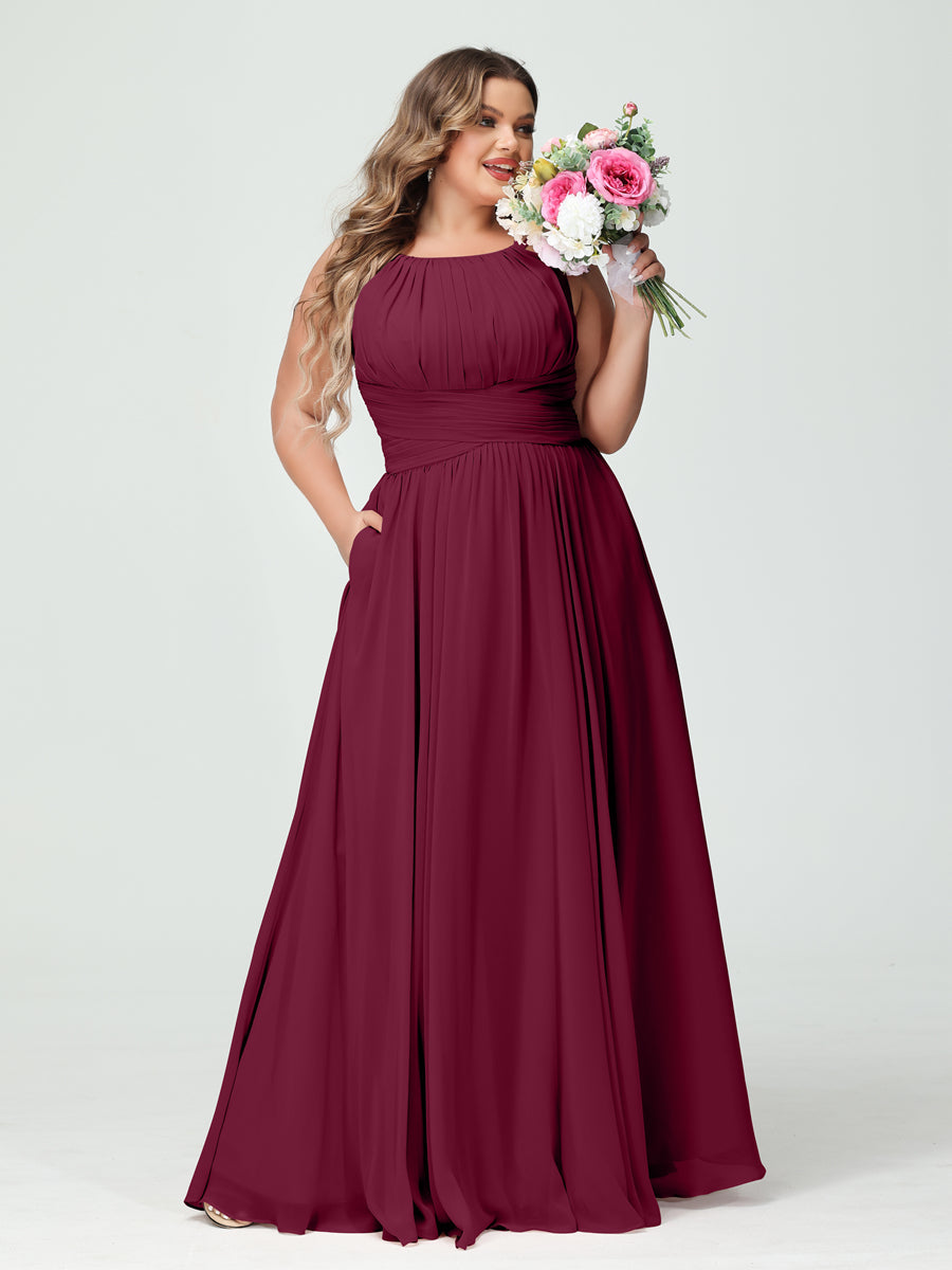 A-Line/Princess Spaghetti Straps Sleeveless Chiffon Ruched Plus Size Bridesmaid Dresses with Pockets