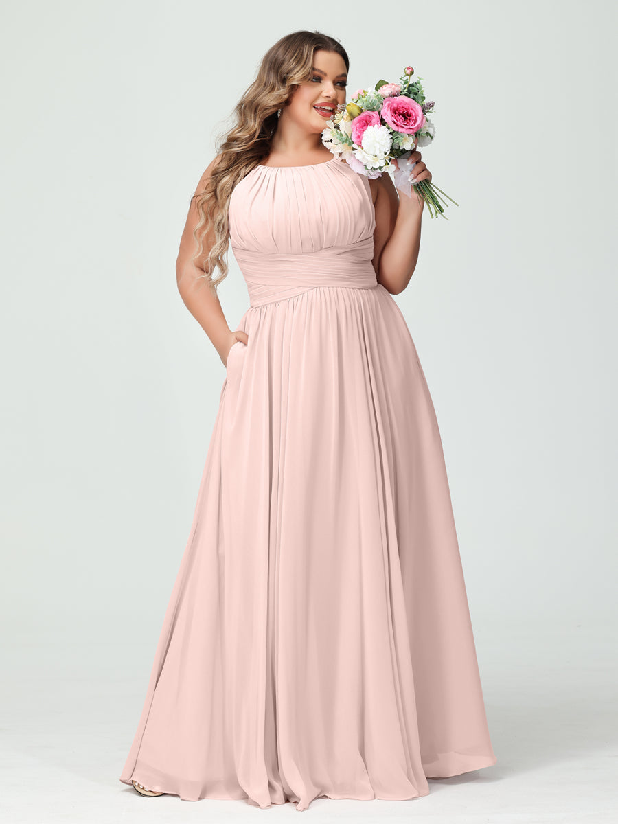 A-Line/Princess Spaghetti Straps Sleeveless Chiffon Ruched Plus Size Bridesmaid Dresses with Pockets