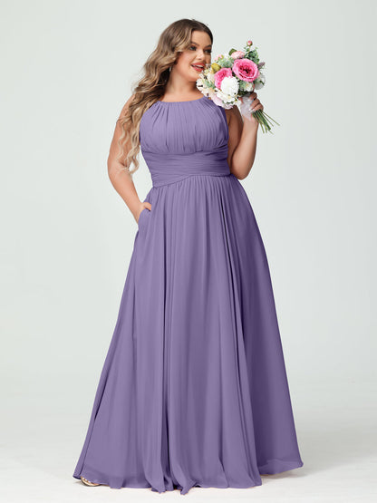 A-Line/Princess Spaghetti Straps Sleeveless Chiffon Ruched Plus Size Bridesmaid Dresses with Pockets