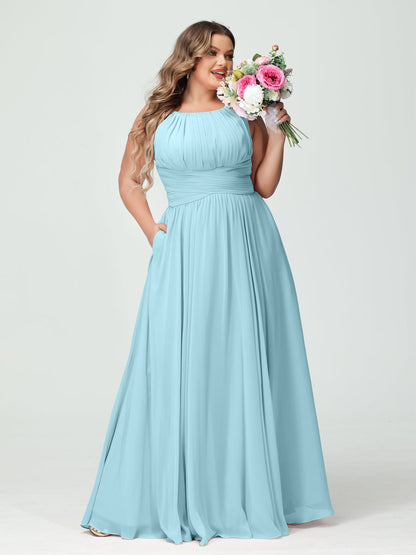 A-Line/Princess Spaghetti Straps Sleeveless Chiffon Ruched Plus Size Bridesmaid Dresses with Pockets