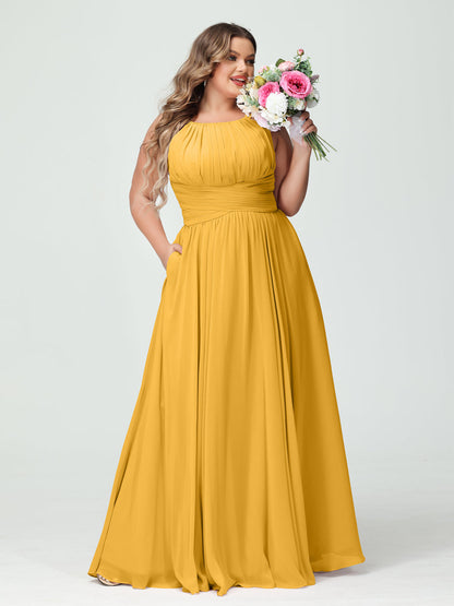 A-Line/Princess Spaghetti Straps Sleeveless Chiffon Ruched Plus Size Bridesmaid Dresses with Pockets