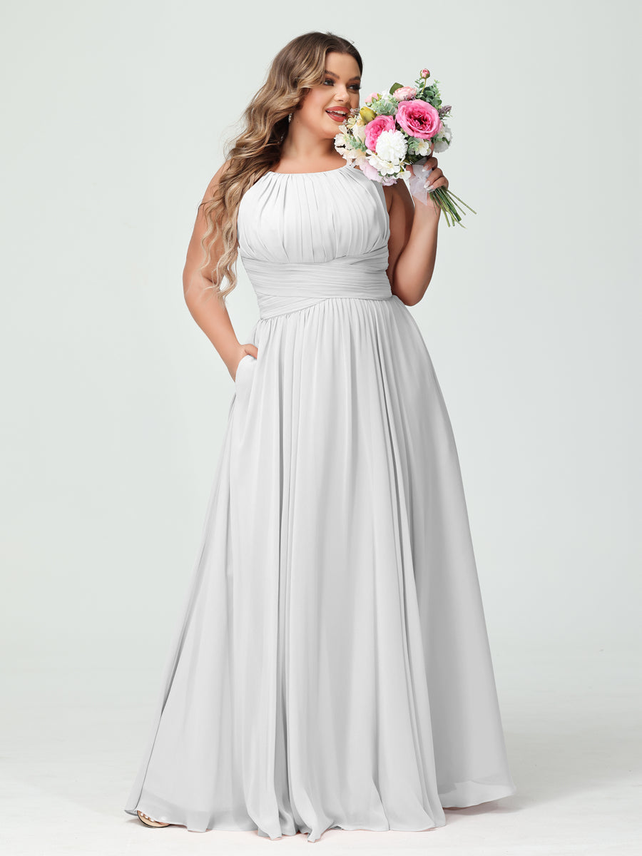 A-Line/Princess Spaghetti Straps Sleeveless Chiffon Ruched Plus Size Bridesmaid Dresses with Pockets