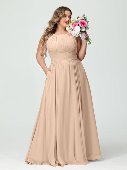 A-Line/Princess Spaghetti Straps Sleeveless Chiffon Ruched Plus Size Bridesmaid Dresses with Pockets