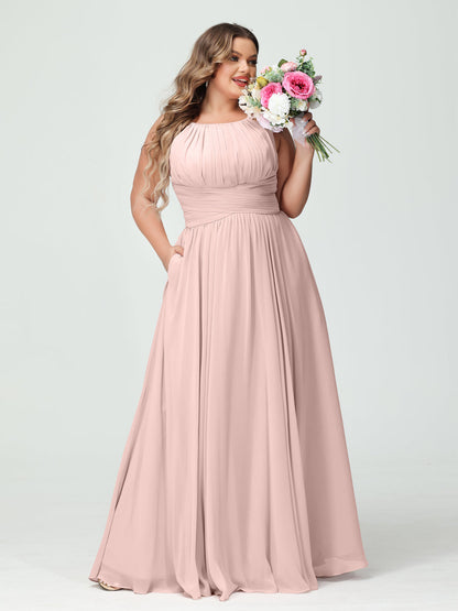 A-Line/Princess Spaghetti Straps Sleeveless Chiffon Ruched Plus Size Bridesmaid Dresses with Pockets