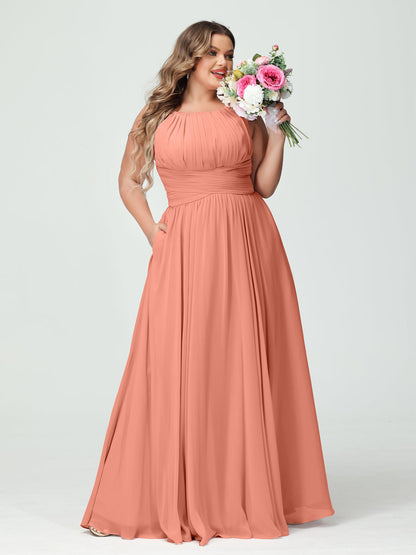 A-Line/Princess Spaghetti Straps Sleeveless Chiffon Ruched Plus Size Bridesmaid Dresses with Pockets