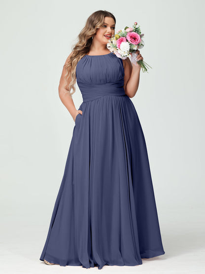 A-Line/Princess Spaghetti Straps Sleeveless Chiffon Ruched Plus Size Bridesmaid Dresses with Pockets