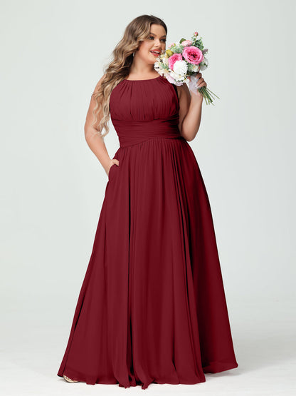 A-Line/Princess Spaghetti Straps Sleeveless Chiffon Ruched Plus Size Bridesmaid Dresses with Pockets