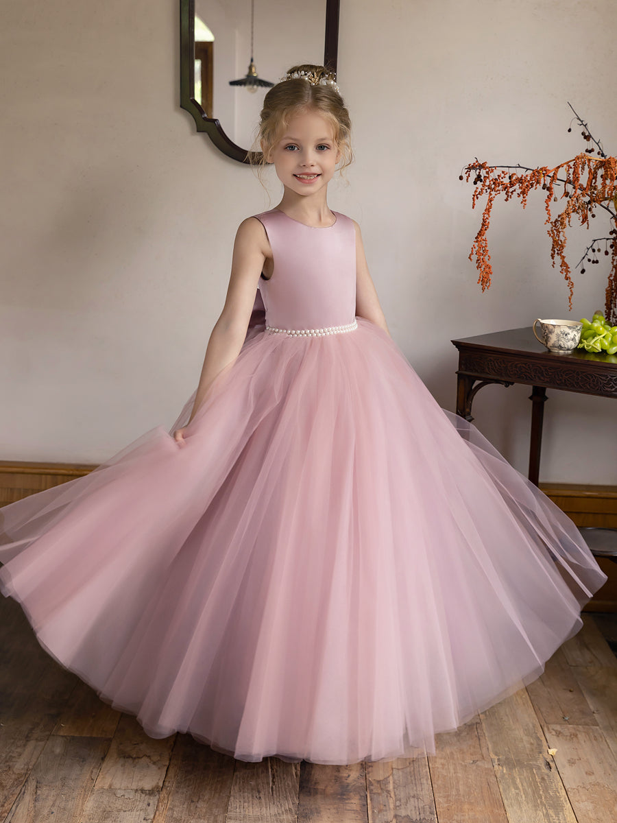 Tulle Ball Gown/Princess Flower Girl Dresses With Pearls & Satin Bowknot