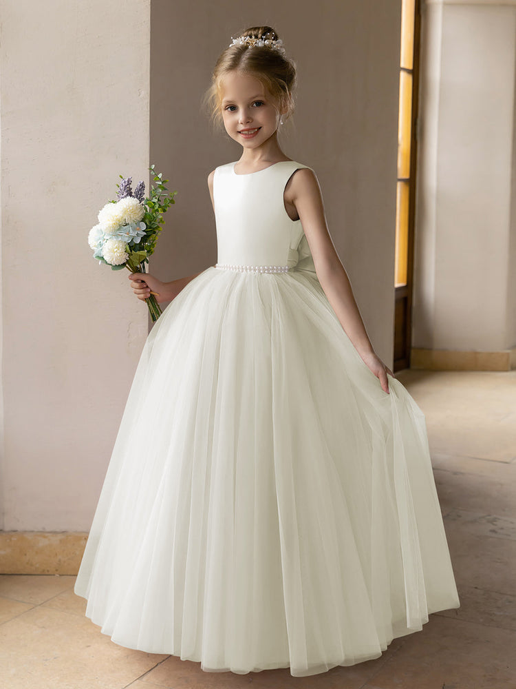 Lavetir 2024 Tulle Ball Gown Flower Girl Dresses Aqua Blue with Pearls & Satin Bow-knots Kids Princess Wedding Party