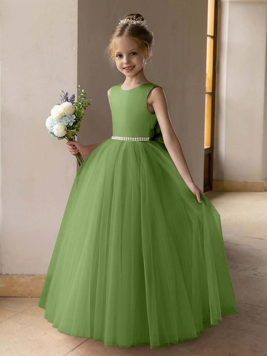 Tulle Ball Gown/Princess Flower Girl Dresses With Pearls & Satin Bowknot