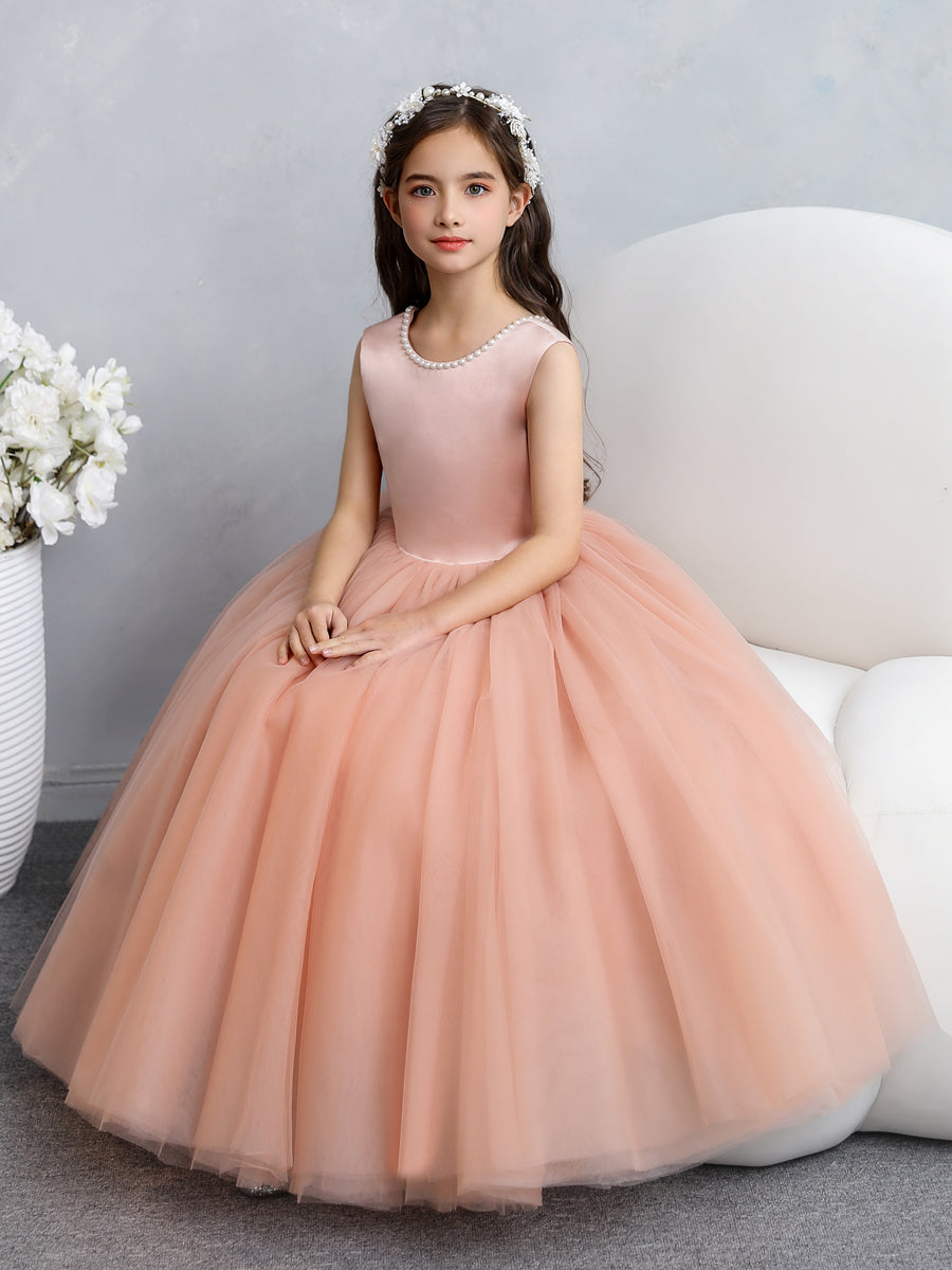 Crew Neck Tulle Flower Girl Dresses with Pearls & Satin Bowknot