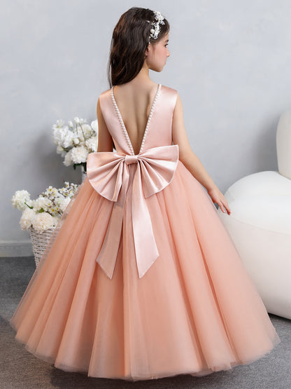 Crew Neck Tulle Flower Girl Dresses with Pearls & Satin Bowknot