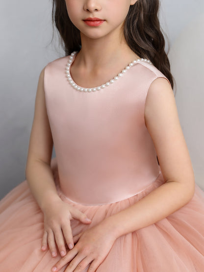 Crew Neck Tulle Flower Girl Dresses with Pearls & Satin Bowknot