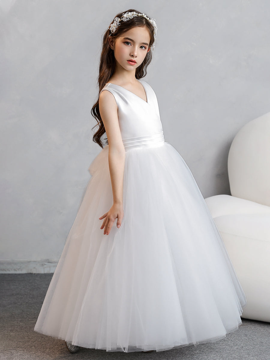 V-Neck Tulle Flower Girl Dresses with Satin Bowknot