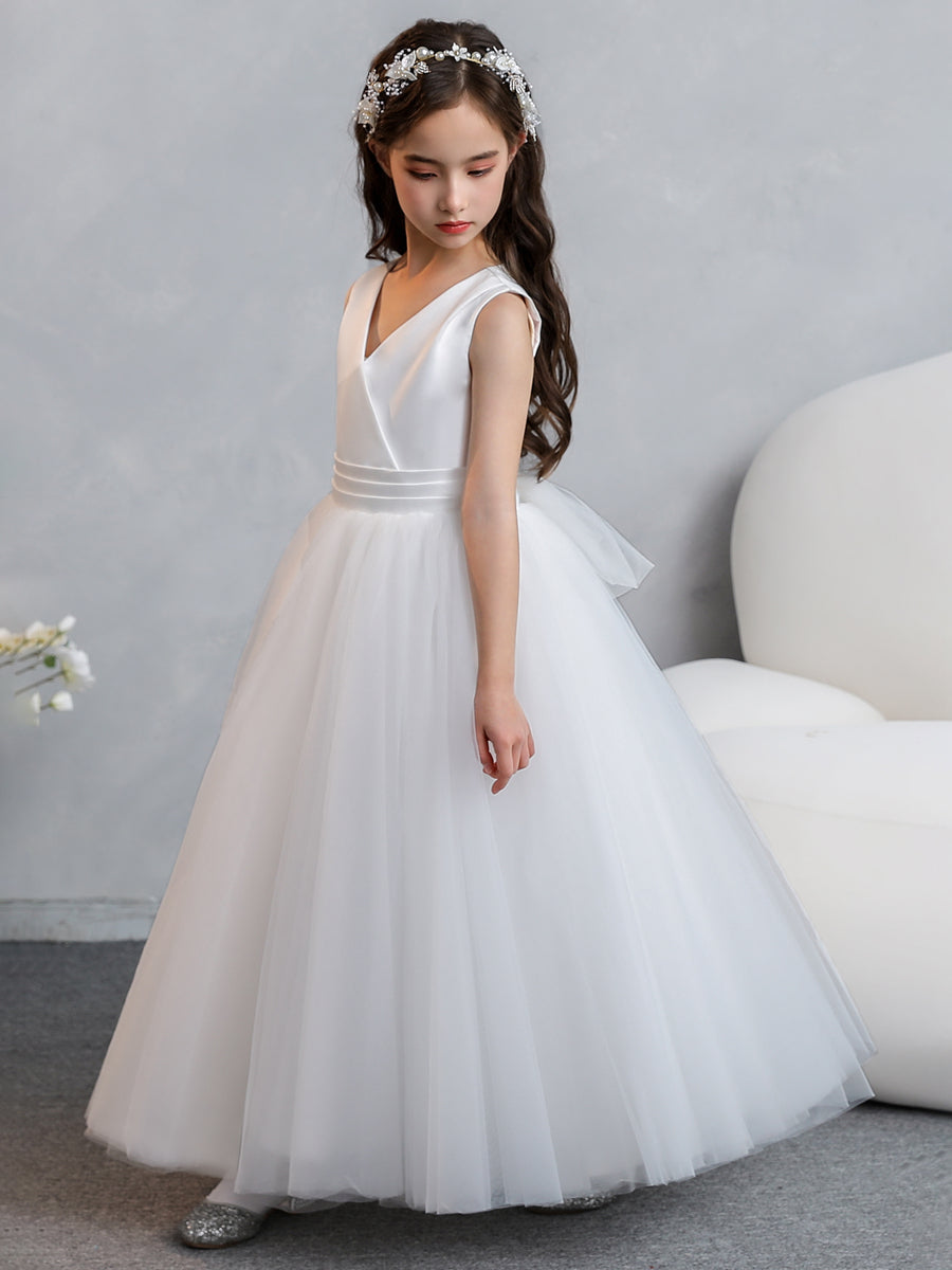 V-Neck Tulle Flower Girl Dresses with Satin Bowknot