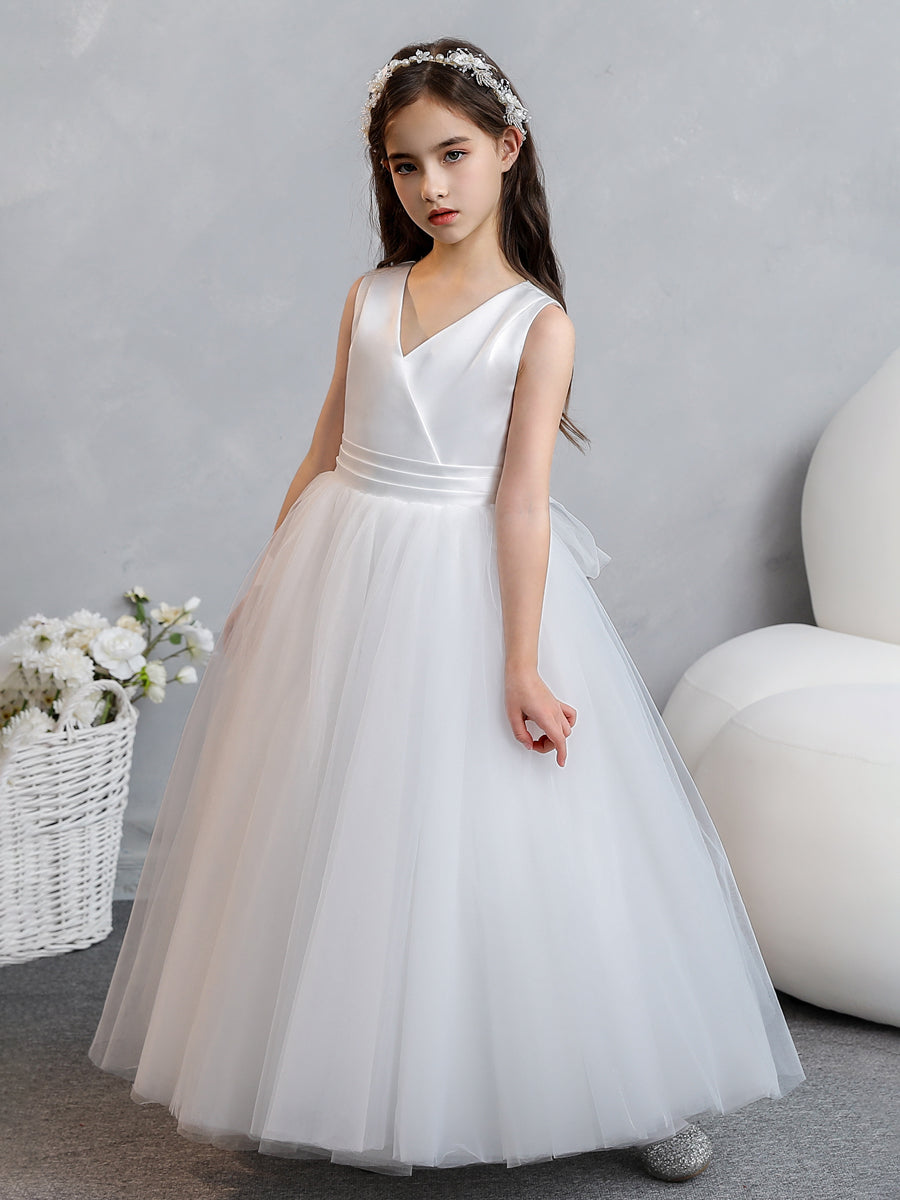 V-Neck Tulle Flower Girl Dresses with Satin Bowknot