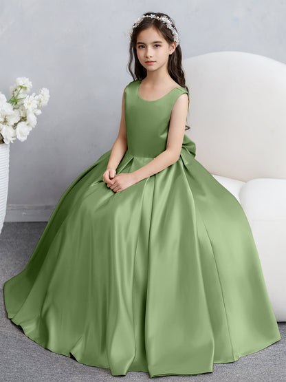 Crew Neck Satin Flower Girl Dresses with Bowknot