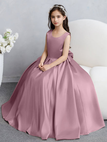 Crew Neck Satin Flower Girl Dresses with Bowknot