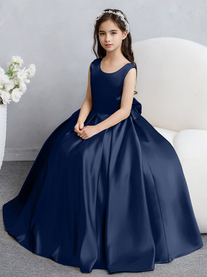 Crew Neck Satin Flower Girl Dresses with Bowknot