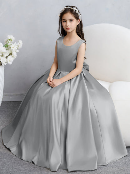 Crew Neck Satin Flower Girl Dresses with Bowknot