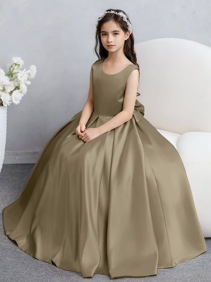 Crew Neck Satin Flower Girl Dresses with Bowknot