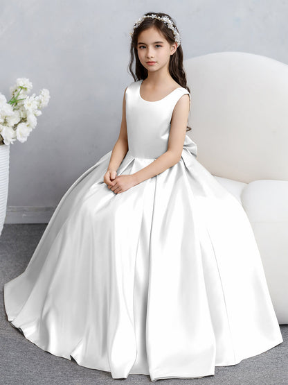 Crew Neck Satin Flower Girl Dresses with Bowknot